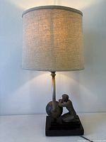 Full view of lamp illuminated with shade