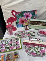 Overview of all flamingo-themed party items on table