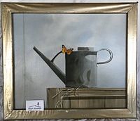 Full view of framed painting showing watering can subject, frame wear visible