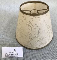 Overall view of lampshade showing gold fleck pattern and clip frame
