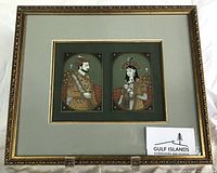 Full view of framed pair of Indian miniature paintings with stand, Gulf Islands card for scale
