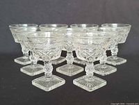 Front view of all nine goblets showing uniform design and condition