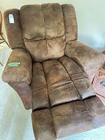 Front view of brown suede La-Z-Boy recliner with footrest extended