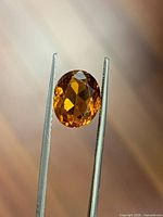 Oval Madeira citrine held by tweezers showing faceting and color