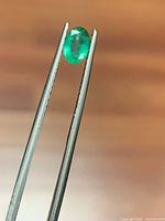 Front view of oval emerald held in tweezers