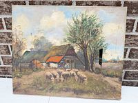 Front view of full painting showing farmhouse, shepherd, sheep and overall wear
