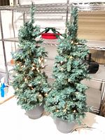 Two artificial evergreen trees in gray pots on table, lights off