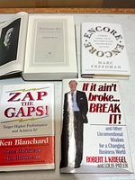 Five books laid out showing front covers: Theodore Rex, Zap the Gaps!, If It Ain't Broke... Break It!, Encore Encore