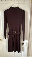 Front view of brown knit long-sleeve belted dress on hanger
