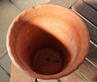 Interior view of unglazed terracotta pot showing drainage hole and rim chip