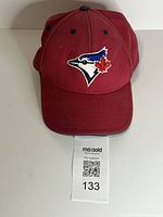 Front view of red Toronto Blue Jays cap with logo and brim