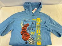 Full view of front of hoodie displaying color gradient, graphics and condition