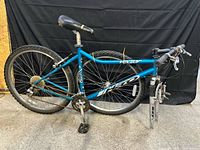 Full left side view of blue Hector mountain bike showing frame, wheels and components