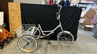 Side profile of silver Mantis tricycle showing overall condition and rear basket