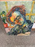 Full view of unframed oil portrait on stretcher