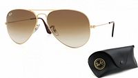 Angled view of gold aviator sunglasses and black Ray-Ban case