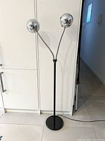 Full view of floor lamp, both gooseneck arms and base visible