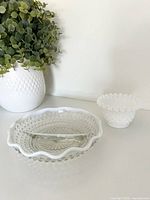 Top view of divided Moonstone relish dish and milk glass hobnail bowl