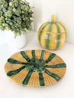 Corn motif ceramic platter and pumpkin cookie jar together