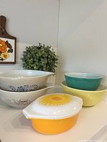 All six Pyrex pieces grouped together