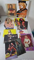 Front view of Hulk Hogan book, nWo promo photo and selection of postcards laid out