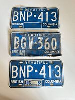Front view of three BC licence plates displaying numbers and condition