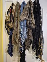 Front view showing majority of scarves hanging on door