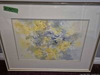 framed abstract yellow and blue floral watercolor with mat and metal frame