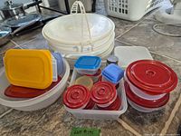 Group view of all plastic containers showing assorted lid colors and shapes
