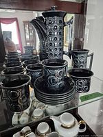 Full set showing coffee pot, creamer, multiple cups and saucers