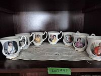 Front view showing all seven royal portrait teacups on shelf