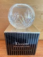 Round Denby lead crystal vase on its branded box showing cut pattern and packaging