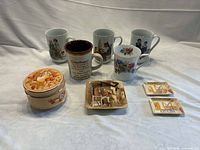 Group view of five mugs, Sadler lidded box, square New Hall ashtray and two small Lancaster & Sons ashtrays