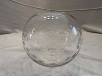 Full view of spherical rose bowl showing etched Cornflower design