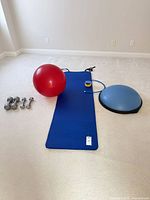 Group shot of all equipment: mat, stability ball, BOSU, both dumbbell pairs