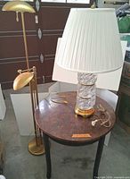Side table, table lamp, brass floor lamp full view