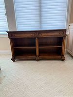 Full view of Thomasville mahogany veneer console sideboard showing drawers and open shelves
