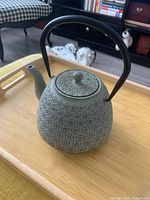 full view of cast iron teapot with handle and spout