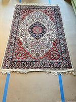 Full view of rectangular Persian-style rug showing pattern and fringe