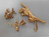 Front view of three brooches showing designs and scale