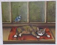 Full view of framed oil painting depicting cat and bird