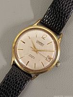 Front view showing dial, gold plated bezel, strap texture