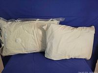 Two off-white queen pillows, one sealed, one loose