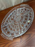 Top view of lead crystal relish tray showing pattern and handles