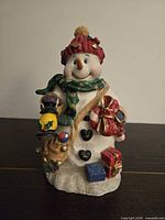 Front view of snowman figurine showing hat, scarf, teddy bear, gifts and buttons