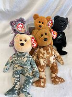 Group of five bears showing colors, patterns, tags
