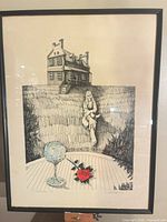 Full view of framed surrealist screenprint showing entire composition and frame