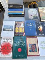 group of books including Holy Bible, Celestine Prophecy, God Delusion