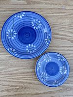 Front view of both plates showing blue floral design and relative sizes