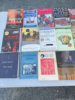 Top view of first group of non-fiction books on table